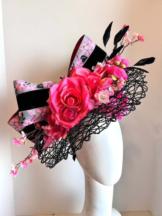 Pink Black Fascinator Hat- Derby- Guilded Age- Ladies  display picture 1