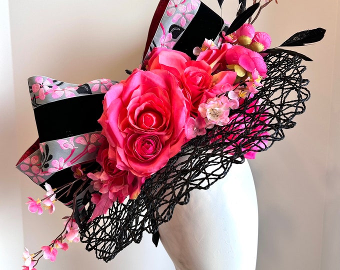 Pink black fascinator Hat- Derby- Guilded age- Ladies Luncheon