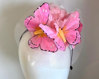 Pink Butterfly fascinator on a tan headband- Sale