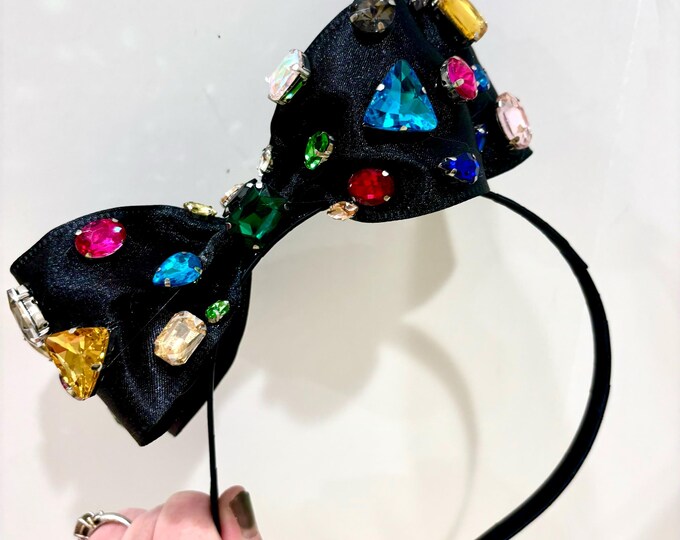 Black bow Headband -Jeweled Rhinestone hair Accessory