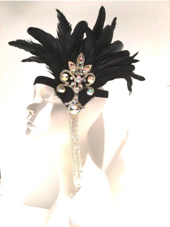 Black Feather Headpiece – 1920s Flapper Rhinestone Headband  display picture 2