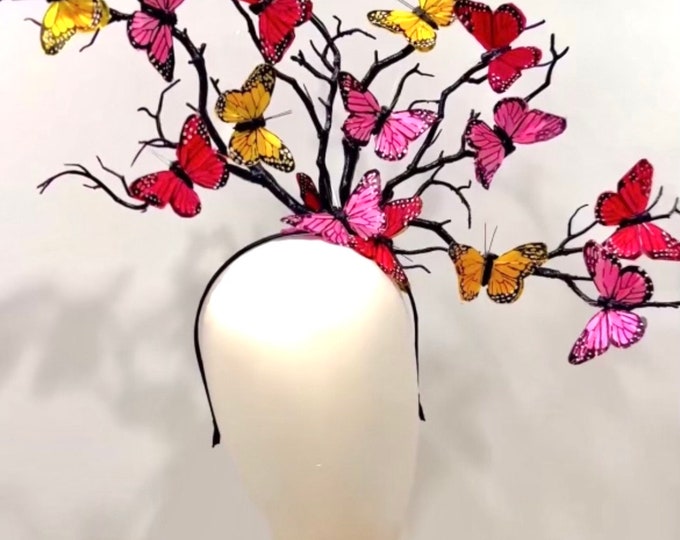 Pink,yellow red Butterfly Headpiece- Derby- Luncheon -Horse race