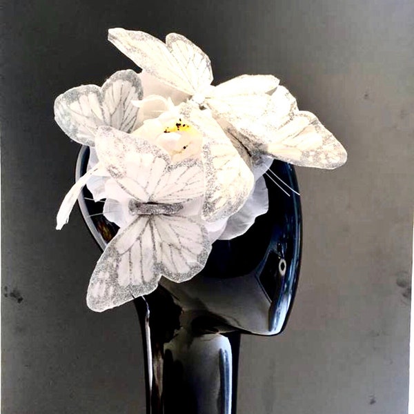 Diner en Blanc headpiece -White Fascinator-  Butterfly headband