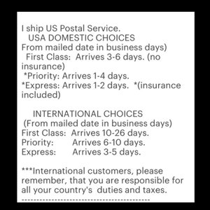 May include: A text-based image outlining shipping options for domestic and international orders. The image lists the shipping services offered, estimated delivery times, and notes about insurance and import duties.