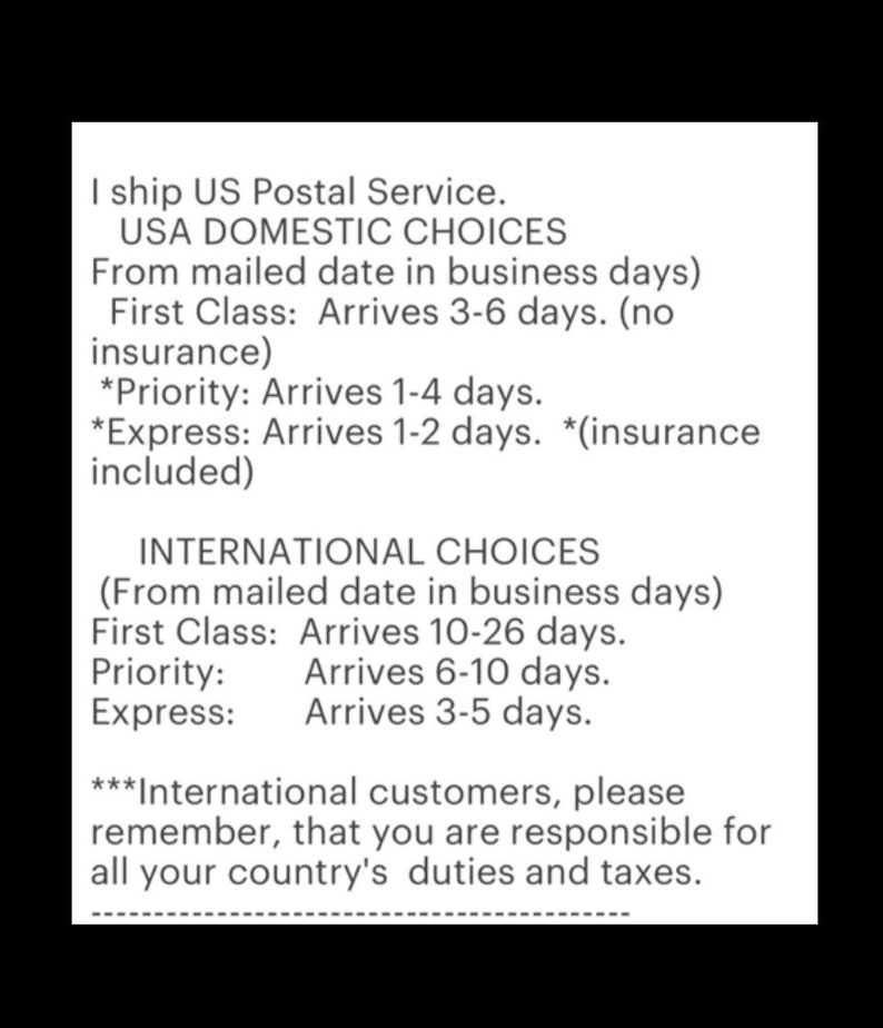 May include: A text-based image outlining shipping options for domestic and international orders. The image lists the shipping services offered, estimated delivery times, and notes about insurance and import duties.