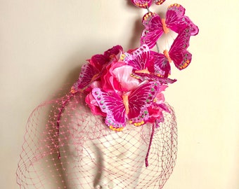 Hot Pink Fascinator- Monarch Hat - Butterfly Hat