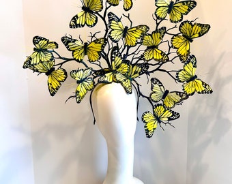 Butterfly Headpiece- Big Derby Fascinator- Yellow Hat Luncheon -Horse race