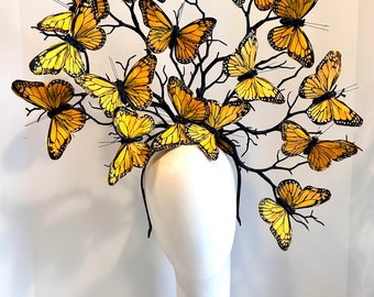 Butterfly Headpiece- Big Derby Fascinator- Hat Luncheon -Orange