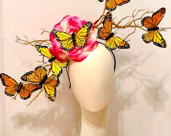 Orange pink Butterfly Headpiece- Derby- Easter- Horse race