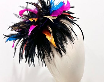 Black multi color Fascinator- Feather headpiece- Polo- Wedding