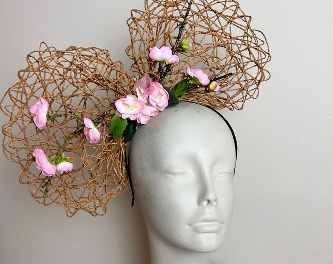 Straw Fascinator -Pink Bow- Tea party- Derby- Wedding