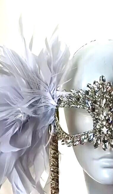 Holding Stick Party Mask | Feather Masquerade Mask Silver White M6131