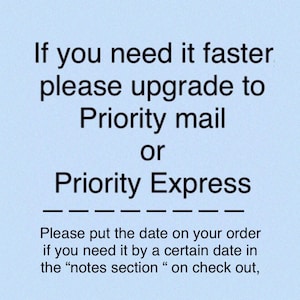 Op de afbeelding: Tekst op een lichtblauwe achtergrond die luidt: "Als u het sneller nodig heeft, upgrade dan naar Priority Mail of Priority Express. Voeg de datum toe aan uw bestelling als u het op een bepaalde datum nodig heeft, in de "notitiesectie" bij het afrekenen."