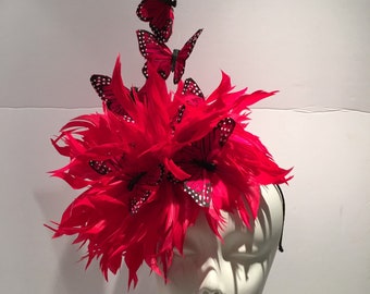 Red Fascinator- Butterfly Headdress -Derby Hat