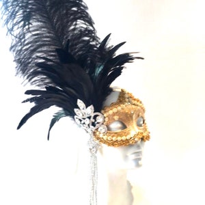 Gold Mask- Black Feather Rhinestone Mask- Masquerade