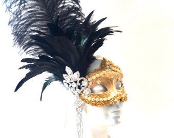 Gold Mask- Black Feather Rhinestone Mask- Masquerade