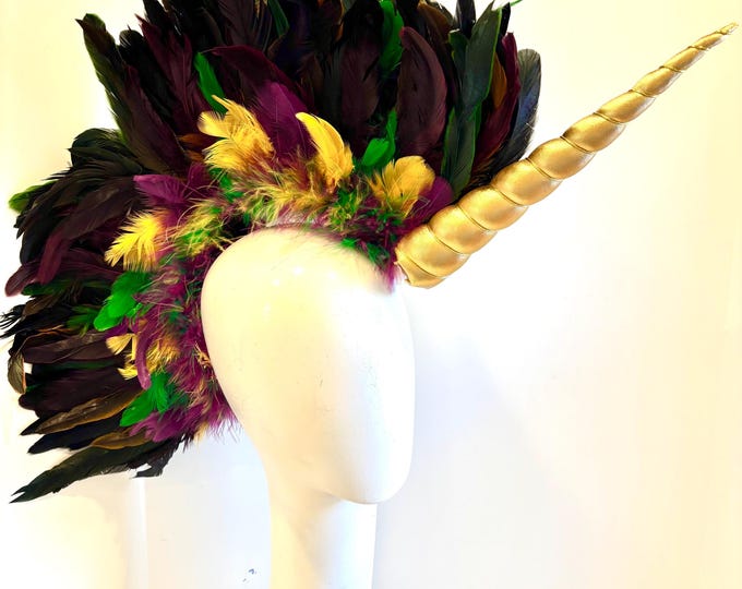 Mardi Gras Unicorn Headpiece- Purple, green, yellow and gold horn