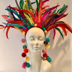 Pom pom headpiece- Feather Headdress Multi Pom poms shown