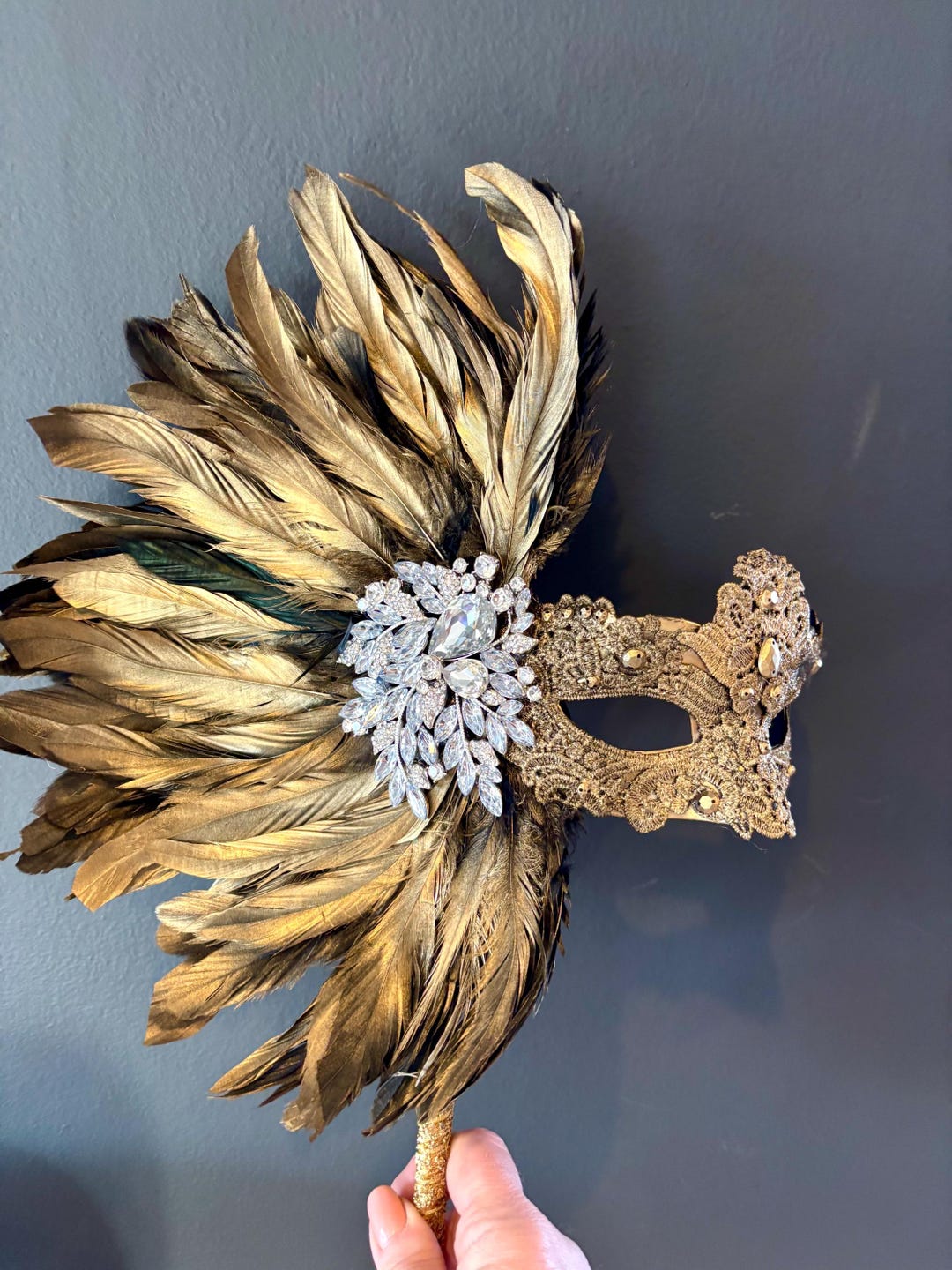 Gold Masquerade Mask With Feathers- Mardi Gras- Halloween- on a Stick ...