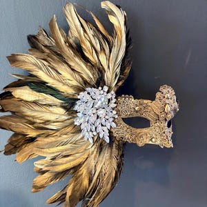 Gold Masquerade mask with Feathers- Mardi Gras- Halloween- on a Stick