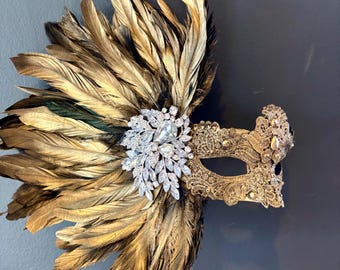 Gold Masquerade mask with Feathers- Mardi Gras- Halloween- on a Stick