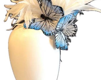 Blue white Fascinator- Butterfly Headdress -Derby