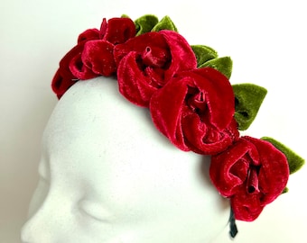 Velvet Rose Headband- Red headband