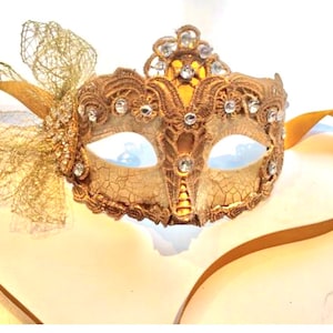 Gold Masquerade Mask- Rhinestone and lace