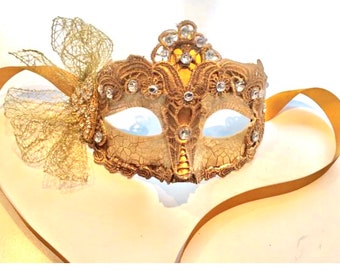 Gold Masquerade Mask- Rhinestone and lace