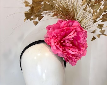 Gold Pink Fascinator- Wedding -Derby Feather Hat