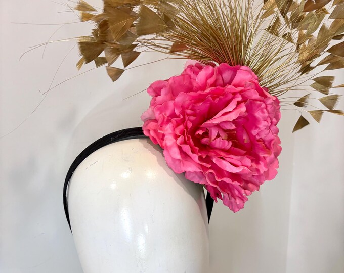 Gold Pink Fascinator- Wedding -Derby Feather Hat