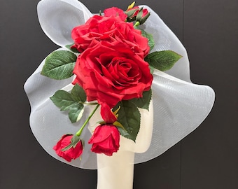 Large Red Rose hats- Wedding- Derby - Floral Fascinator