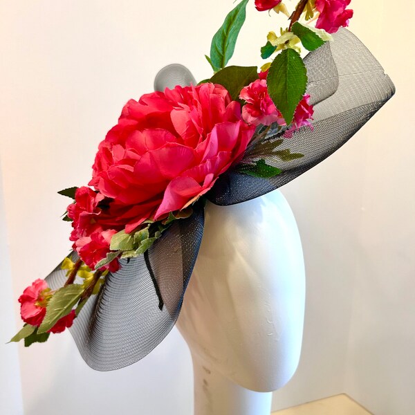 Black hot pink Fascinator- Derby Hat - Big Brim