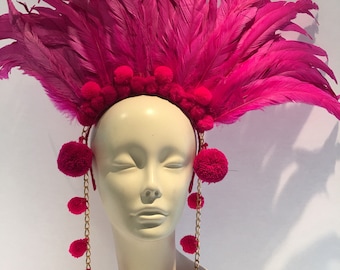 Pom pom headpiece- Hot pink Headdress -Tribal