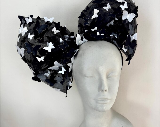 Black and white Bow fascinator- Butterfly headband- Derby