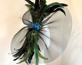 Peacock Fascinator- NYC Hat- Blue Green