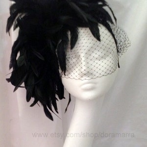 Black Fascinator with Birdcage veil- Feather