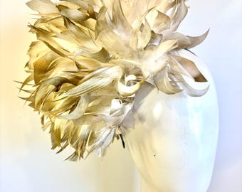 Beige Fascinator- Kentucky Derby- Wedding- Tea party - White/ Gold and beige color