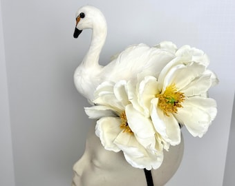 White Fascinator- Swan derby headband- TeaParty- Medium swan