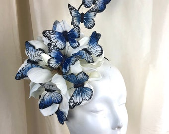 Blue Fascinator- Monarch Hat - Butterfly Hat