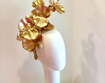 Womens Gold Fascinator- Orchid Headband- Derby hats- Wedding- Mad Hatter