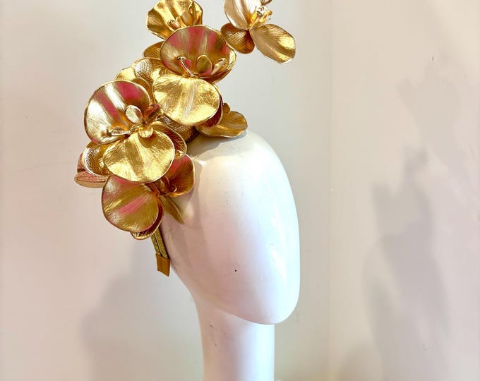Womens Gold Fascinator- Orchid Headband- Derby hats- Wedding- Mad Hatter