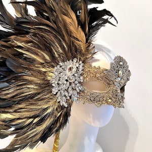 Gold Masquerade mask with Feathers- Mardi Gras- Halloween- on a Stick