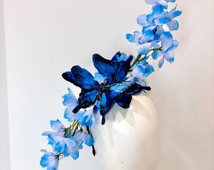 Blue Fascinator with Royal butterflies - Derby Headpiece -Floral Headpiece