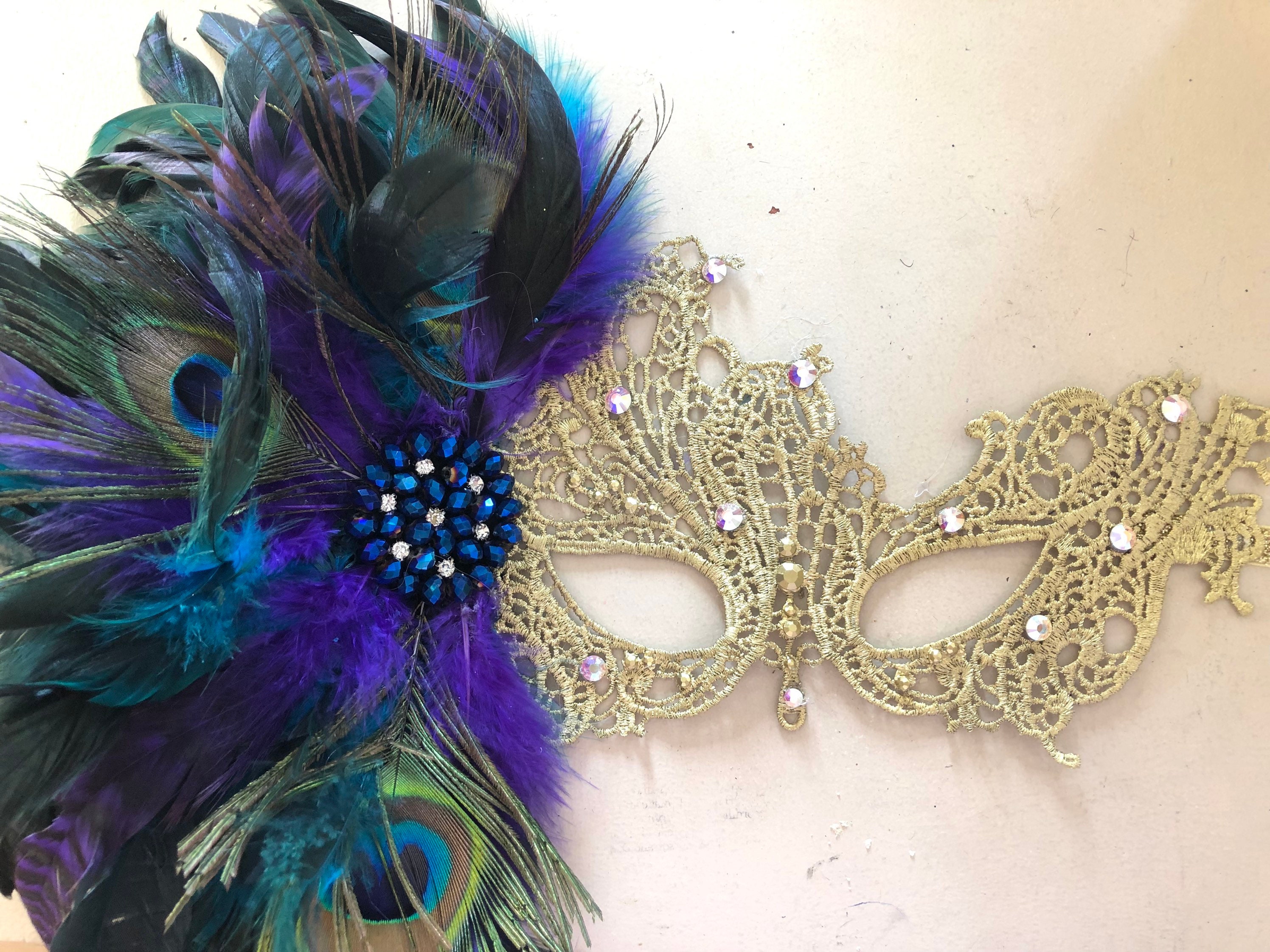 Venetian Mask with Coque & Peacock Feathers Purple