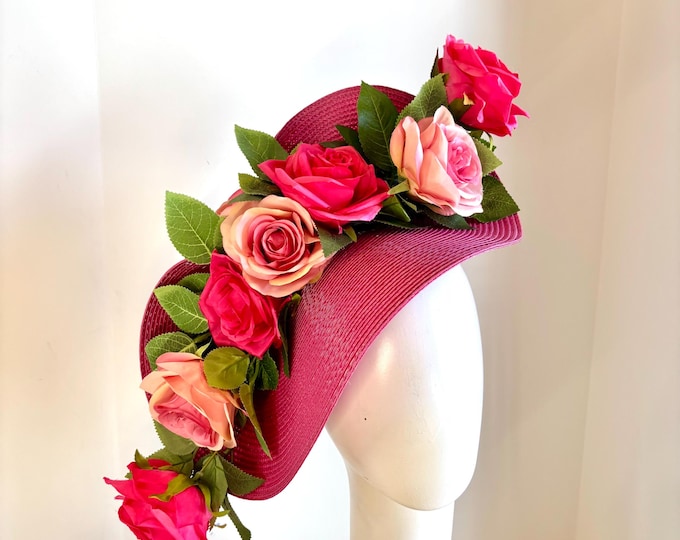 Red pink Fascinator -KY Derby-Rose  Hat Lunch -Wedding