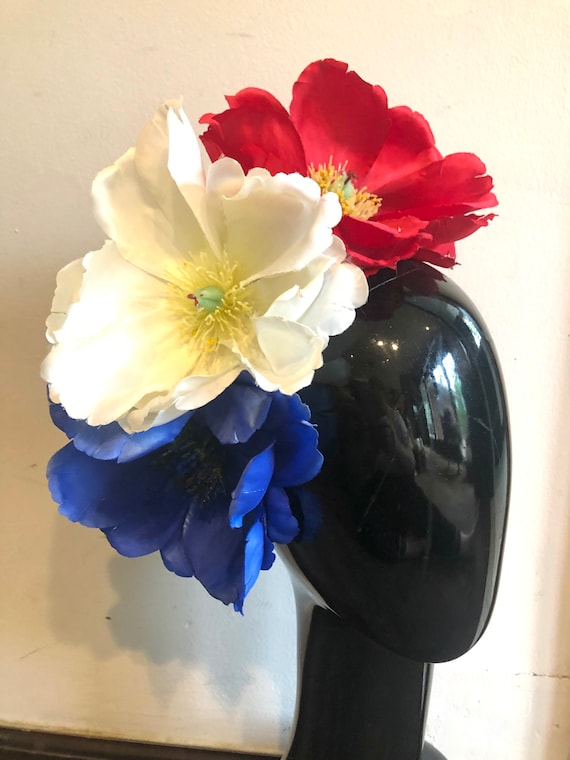 Red, White & Blue Floral Fascinator Headpiece for Women Fascinator Hat Rose Flower Red White Blue Fourth of July  main image 4