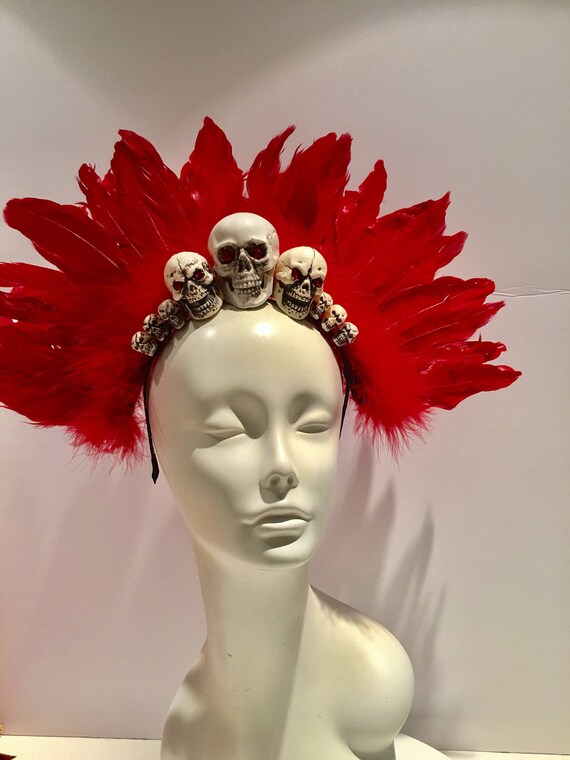 Day of the Dead Headband Skeleton Headdress Red Feather - Etsy