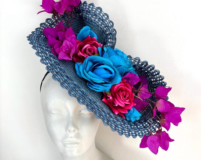 Blue hot pink Fascinator- Derby- Racing hat- Hat lunch