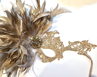 Gold feather Mask- Masquerade Mask- Halloween- Mardi Gras